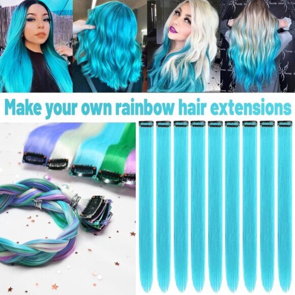 New 10PCS 22" Sky Blue Colour Synthetic Hairpieces Clip-in Hair Extensions